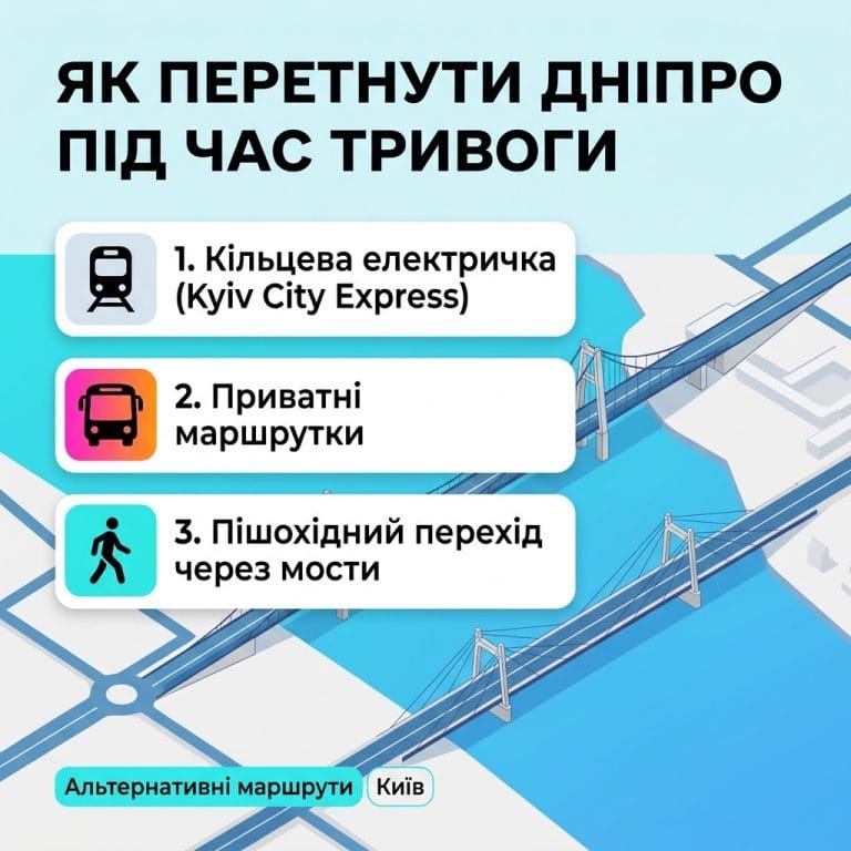 Інфографіка альтернативних способів дістатися з лівого берега Києва на правий під час повітряної тривоги