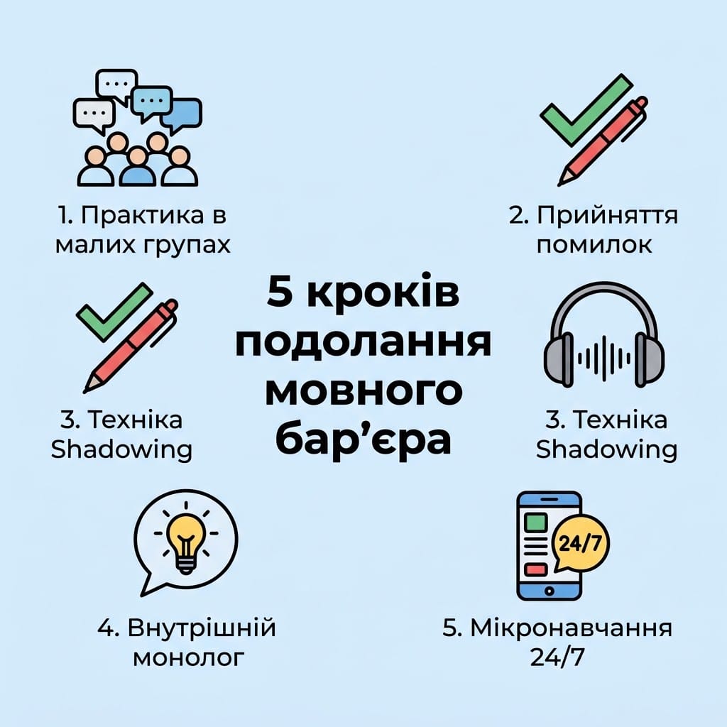 Головна інфографіка статті із заголовком "5 кроків подолання мовного бар'єра" та переліком методів українською мовою.