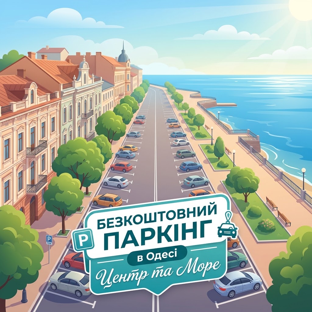Графічна ілюстрація паркувальних зон в Одесі біля центру та узбережжя Чорного моря із заголовком українською мовою.