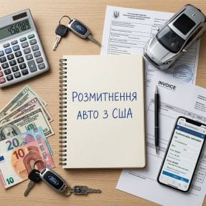 Кросовер Ford Escape на території порту біля морських контейнерів із документами на розмитнення, паперовою папкою з написом "РОЗМИТНЕННЯ АВТО З США" та ключами.